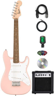Fender Squier 3/4-Size Kids Mini Strat Electric Guitar - Shell Pink w/ Amplifier