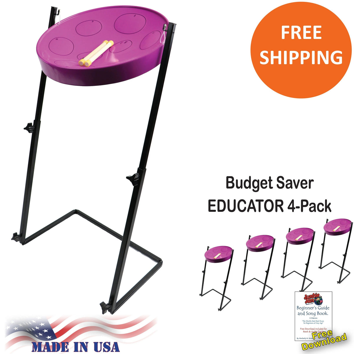 Panyard Jumbie Jam Steel Drum Educators 4-Pack - Metal Z-Floor Stands - Purple Pans