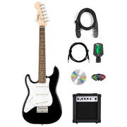 Fender Squier 3/4-Size Kids Mini Strat Electric Guitar, Left Handed - Black w/ Amplifier