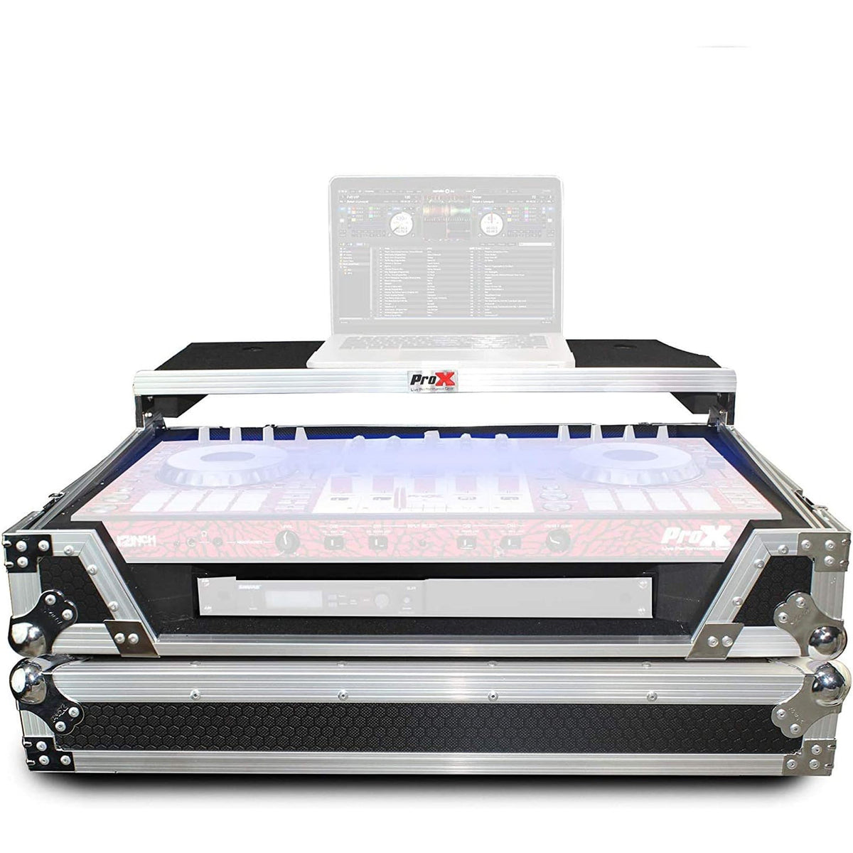 ProX Flight Case for Pioneer DJ DDJ-SX, RX & Denon MCX7000 With Sliding Laptop Shelf, LED Lights and Wheels - Silver on Black Design