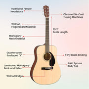 Fender CD-60S Solid Top Dreadnought Acoustic Guitar - Natural w/ Gig Bag
