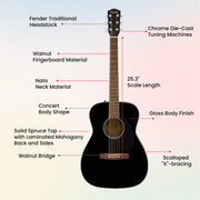 Fender CC-60S Solid Top Concert Acoustic Guitar - Black w/ Gig Bag