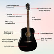 Fender CD-60S Solid Top Dreadnought Acoustic Guitar - Black w/ Hard Case