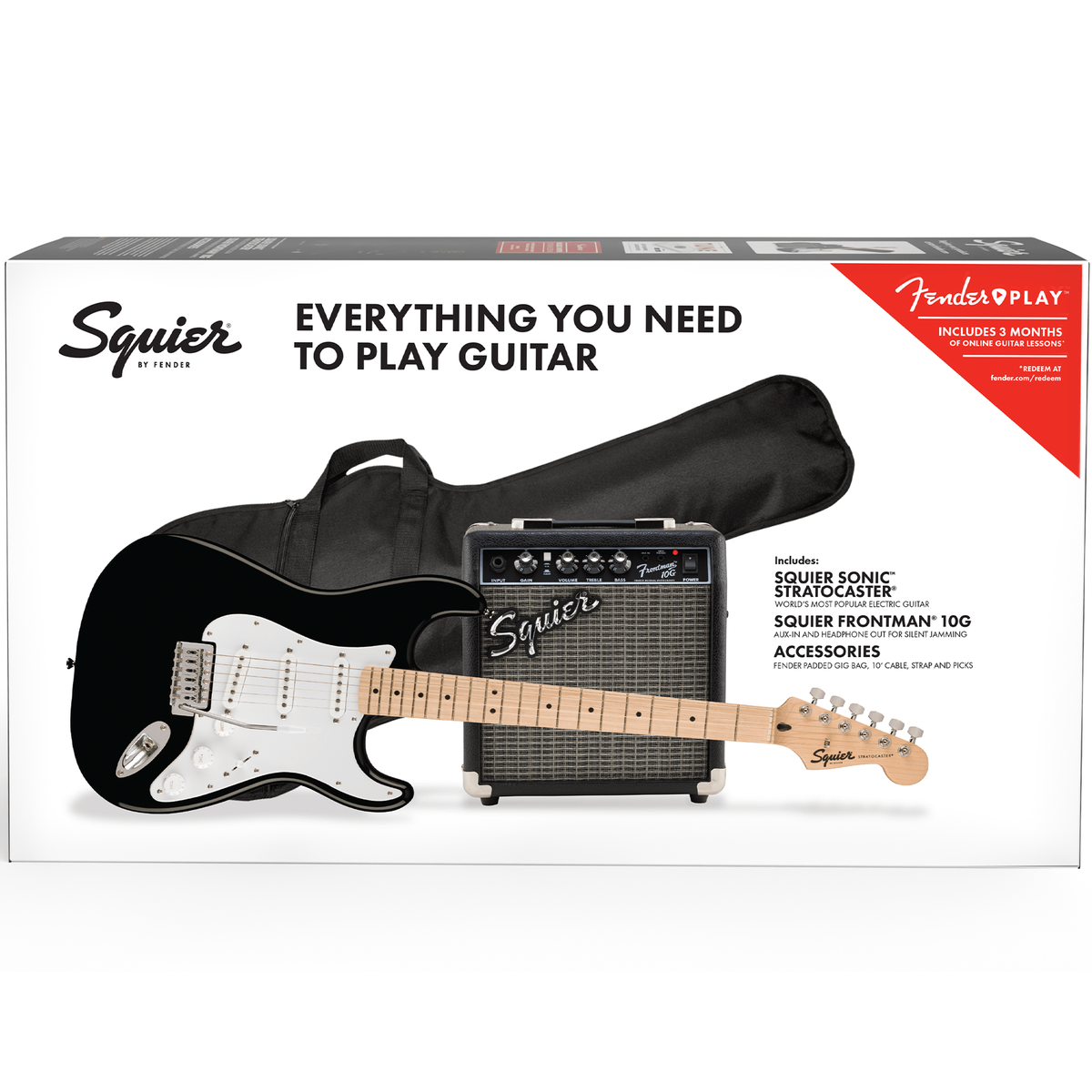 Squier Sonic Stratocaster Pack, Maple Fingerboard, Black, Gig Bag, 10G Amplifier