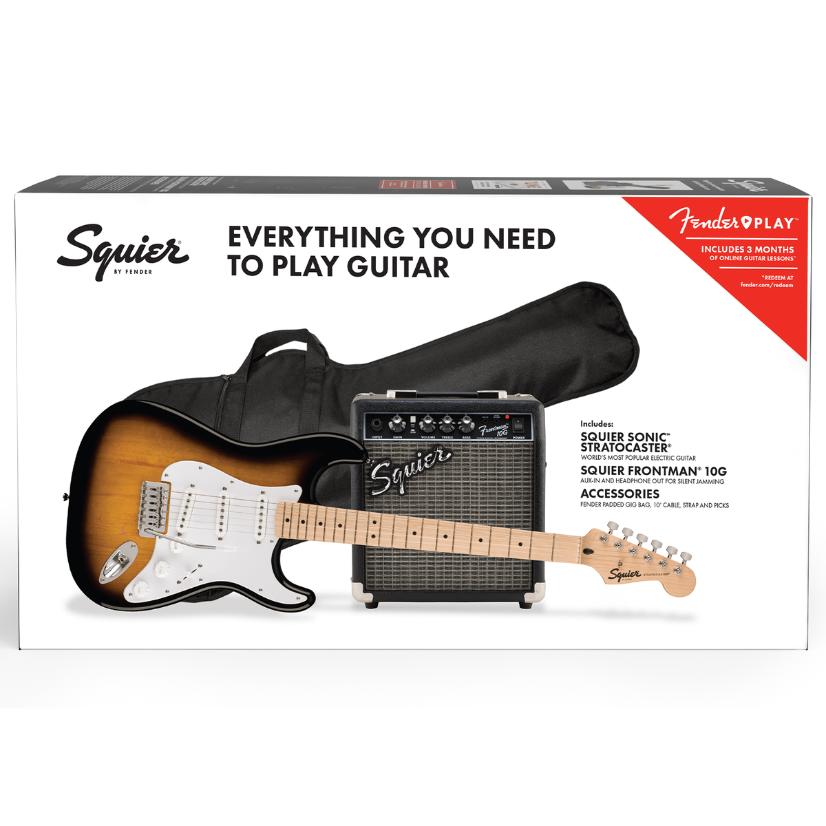 Squier Sonic Stratocaster Pack, Maple Fingerboard, 2-Color Sunburst, Gig Bag, 10G Amplifier