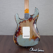 Fender Custom Shop Time Machine Collection 1965 Stratocaster Electric Guitar Super Heavy Relic - Aged Fire Mist Silver Over 3-Color Sunburst - #CZ585740