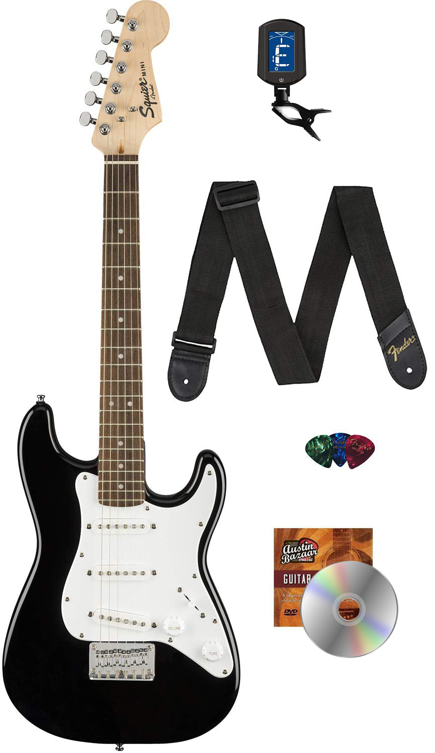 Fender Squier 3/4-Size Kids Mini Strat Electric Guitar - Black w/ Tuner