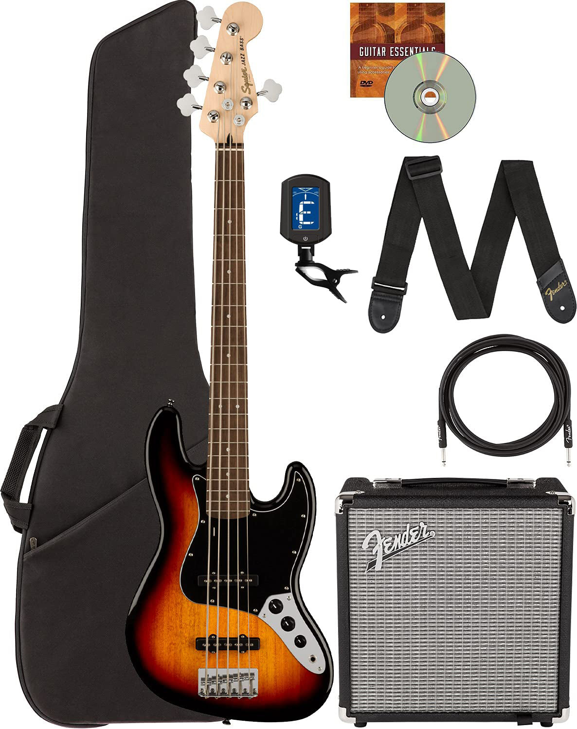 Fender Squier Affinity Jazz Bass V - 3 Color Sunburst w/ Rumble 15 Amplifier