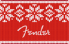 Red sweater with white pattern and Fender branding