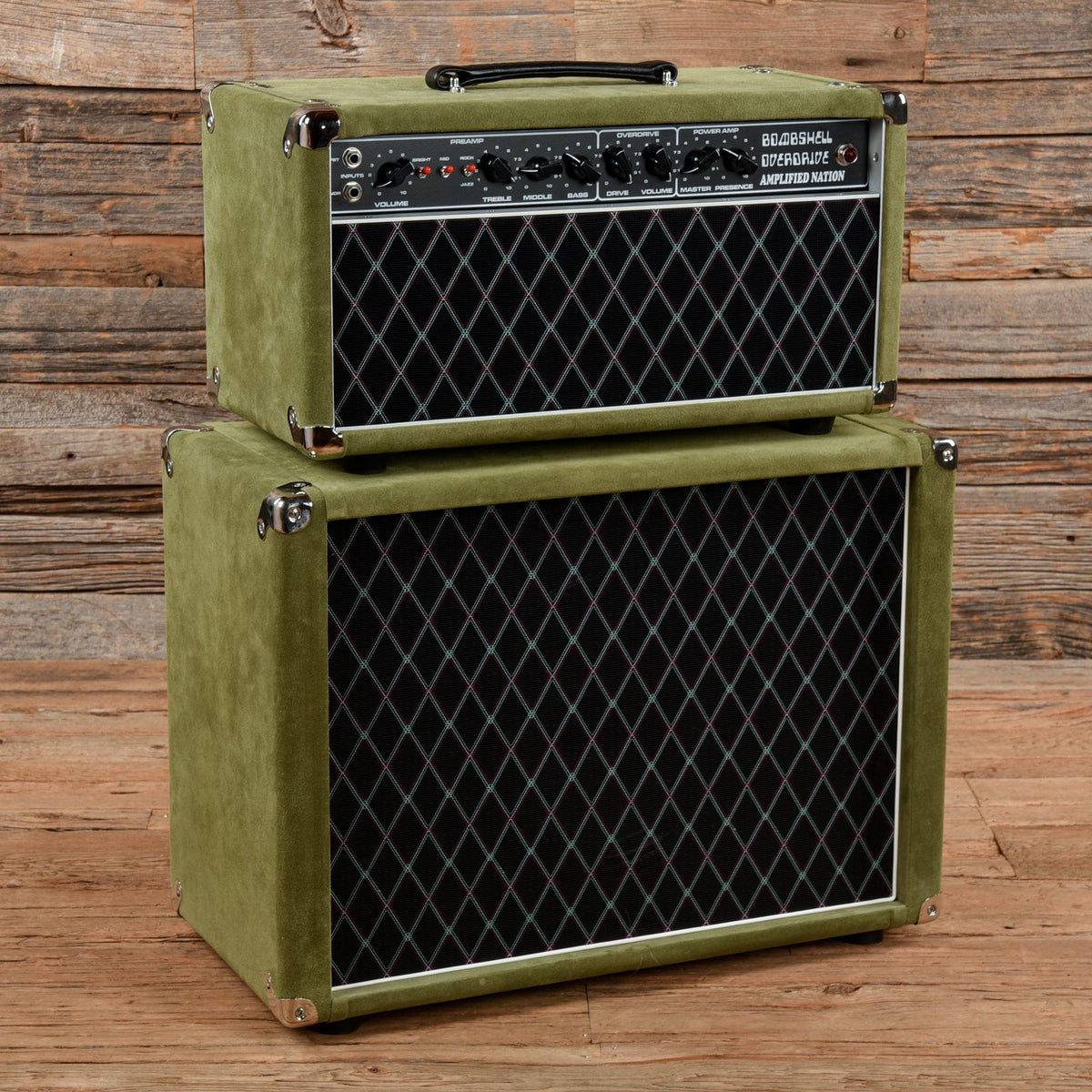 Amplified Nation Bombshell Overdrive 100-Watt Head w/ Matching Open Back 1x12" Green Suede - MUSICTONER