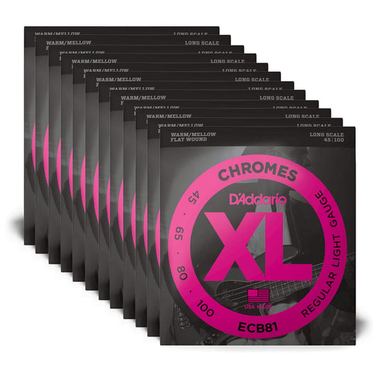 D'Addario ECB81 Chromes Flat Wound 45-100 Long Scale 12 Pack Bundle - MUSICTONER