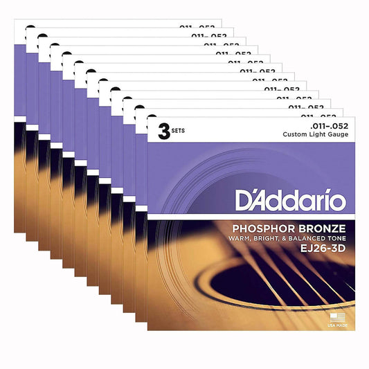 D'Addario EJ26-3D 3-Pack Phosphor Bronze Custom Light 10-52 12 Pack Bundle - MUSICTONER