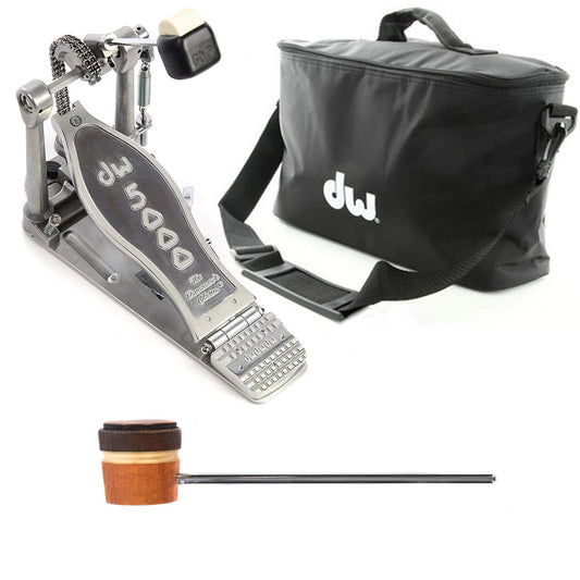 DW 5000 Modern Retro Turbo Single Bass Drum Pedal Bundle w/Bag & Low Boy Lightweight Leather Amber/Brown/Gold Stripe CDE…