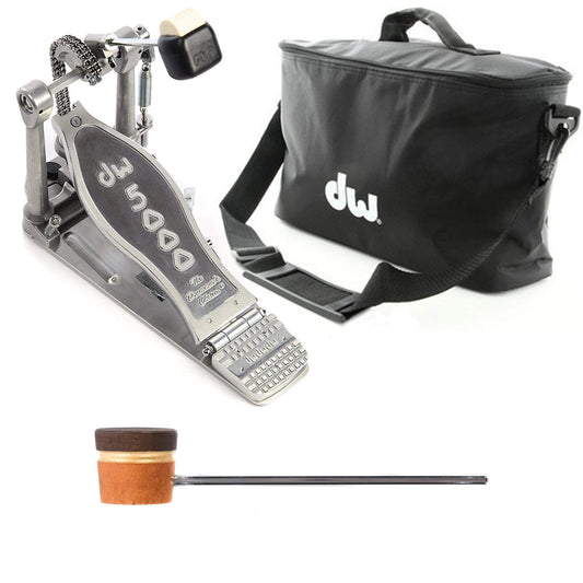 DW 5000 Modern Retro Turbo Single Bass Drum Pedal Bundle w/Bag & Low Boy Lightweight Wood Amber/Brown/Gold Stripe CDE Logo…
