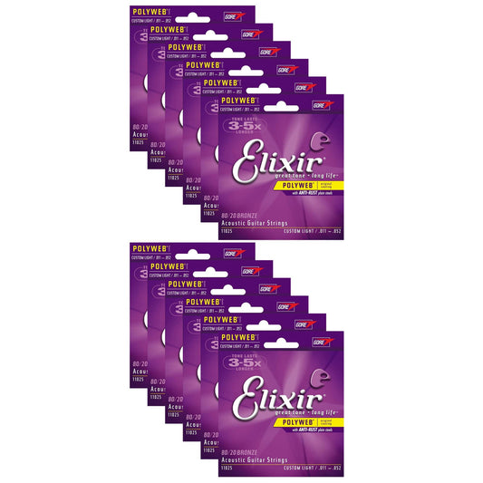 Elixir 11025 Acoustic 80/20 Poly Custom Light 11-52 (12 Pack Bundle) - MUSICTONER
