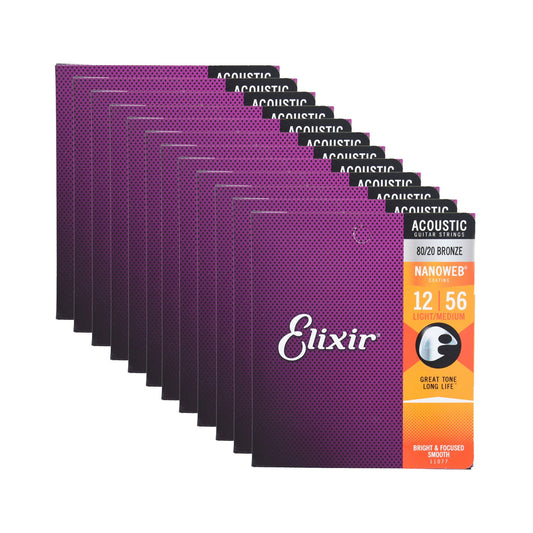 Elixir 11077 Acoustic 80/20 Bronze Nanoweb Light-Medium 12-56 12 Pack Bundle - MUSICTONER