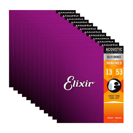 Elixir 11182 Acoustic Nanoweb 80/20 Bronze HD Light 13-53 12 Pack Bundle - MUSICTONER