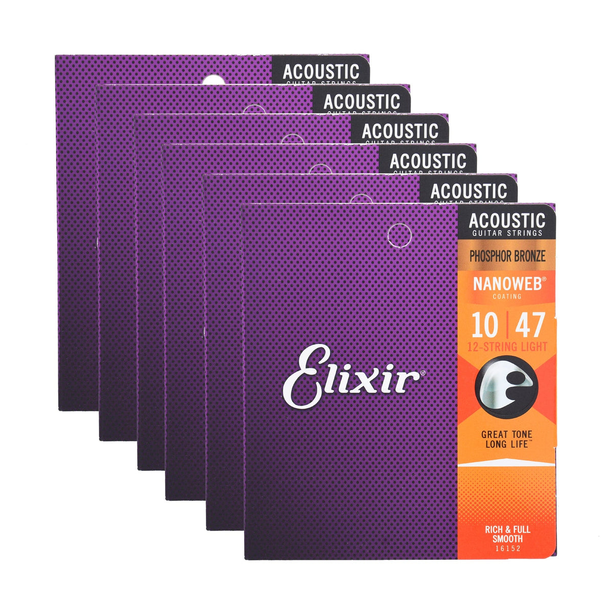 Elixir 16152 Acoustic Phospher Bronze Nanoweb12-String Light 10-47 6 Pack Bundle - MUSICTONER