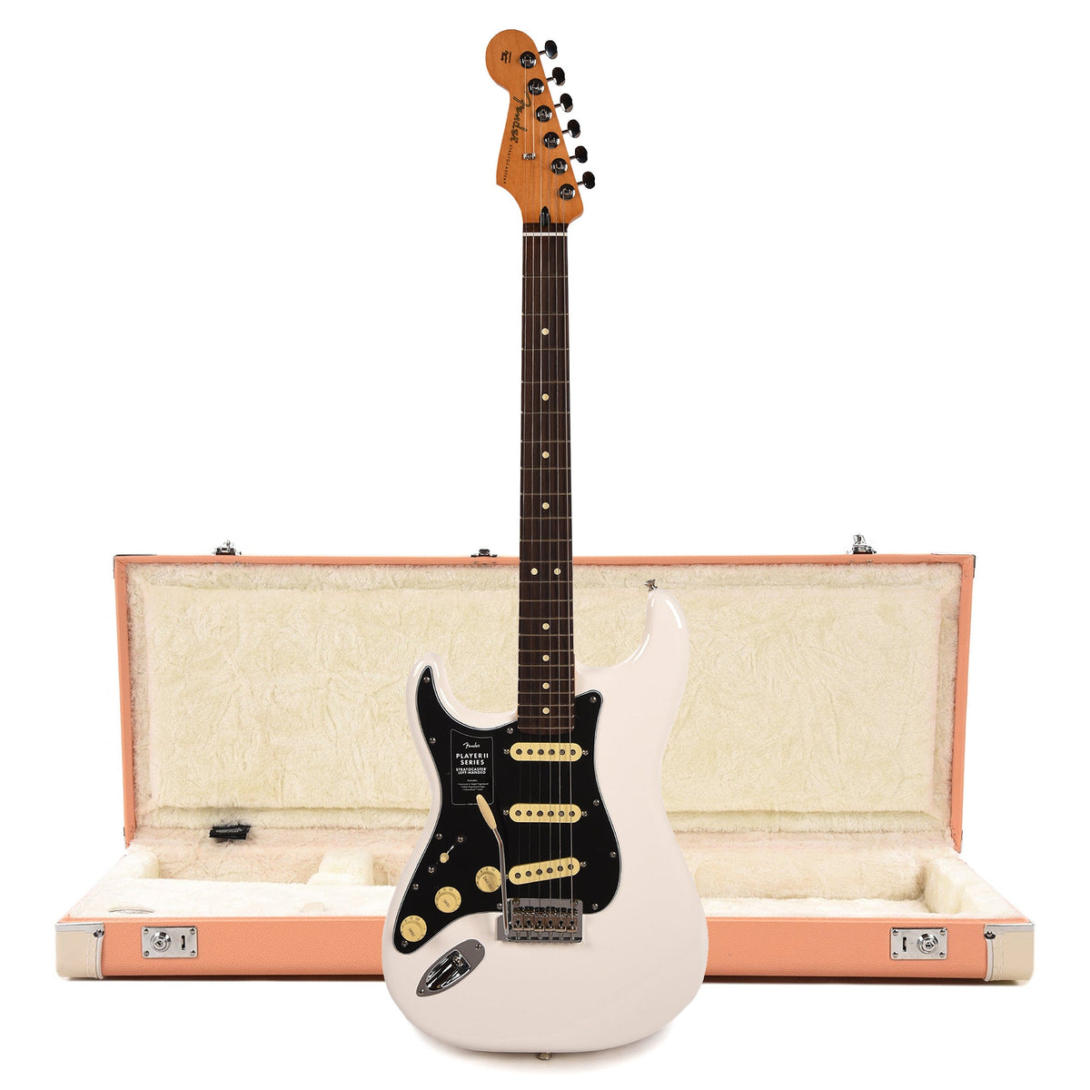 Fender Player II Stratocaster RW Polar White LEFTY and Pacific Peach Hardshell Case Bundle - MUSICTONER