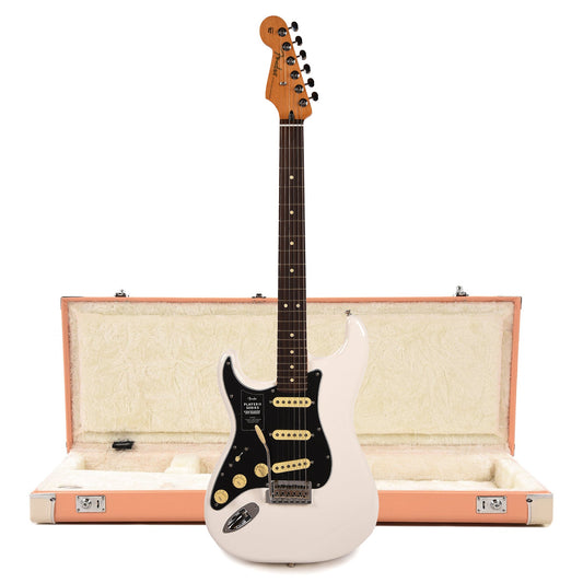 Fender Player II Stratocaster RW Polar White LEFTY and Pacific Peach Hardshell Case Bundle - MUSICTONER
