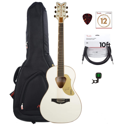 Gretsch G5021WPE Penguin Parlor Acoustic Electric Jumbo Non-Cutaway White w/Fishman Pickup System w/Gig Bag, Tuner, (1)…