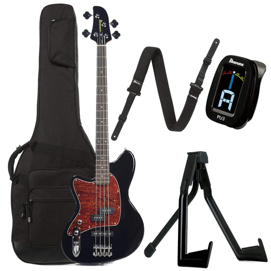 Ibanez TMB100LBK Talman Bass Black LEFTY Bundle w/ Ibanez Gig Bag, Stand, Tuner and Strap - MUSICTONER