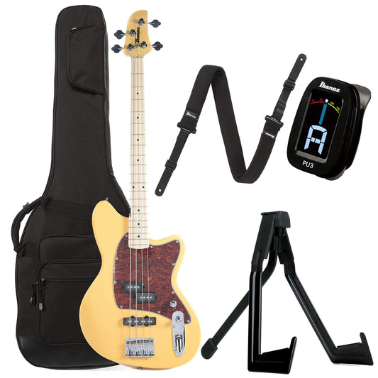 Ibanez TMB100M Talman Bass Mustard Yellow Flat Bundle w/ Ibanez Gig Bag, Stand, Tuner and Strap - MUSICTONER