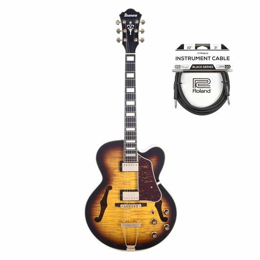 Ibanez AF95FM Artcore Expressionist Antique Yellow Sunburst Hollow Body Cable Bundle - MUSICTONER