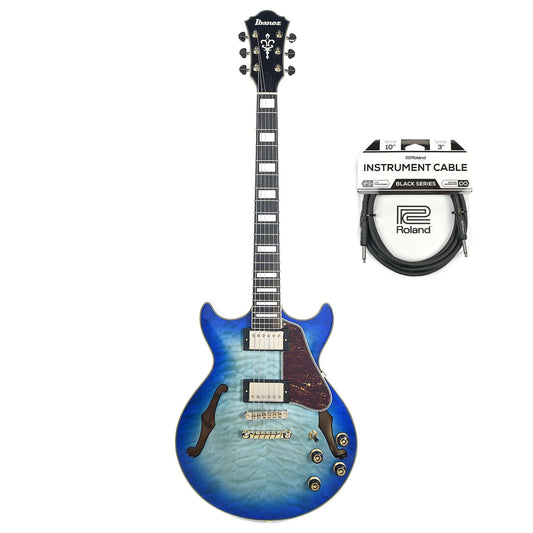 Ibanez AM93QM Artcore Expressionist Semi-Hollow Body Jet Blue Burst Cable Bundle - MUSICTONER