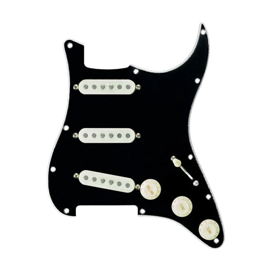 Mojotone Rene Martinez Quiet Coil Texas Strat Prewired Pickguard 3-Ply Black w/Parchment Covers - MUSICTONER