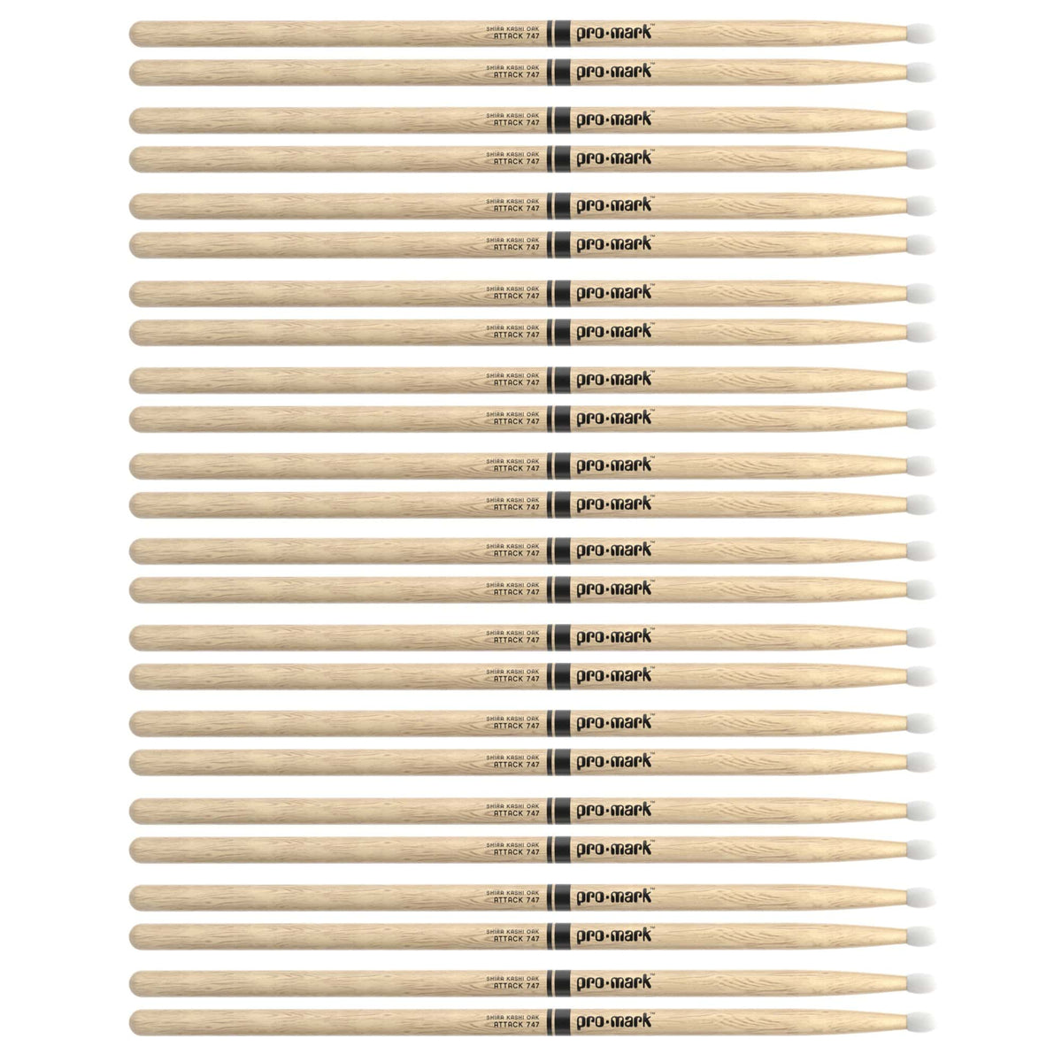 Promark Shira Kashi Oak 747 Nylon Tip Drum Sticks (12 Pair Bundle) - MUSICTONER