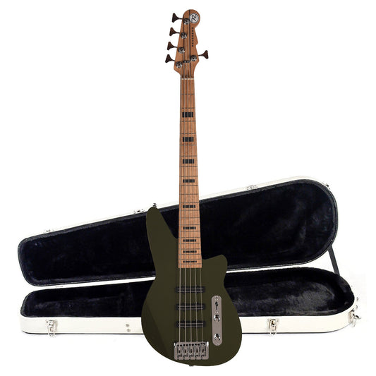 Reverend Triad 5 5-String Bass Guitar Army Green and Teardrop Two Tone Case Bundle - MUSICTONER