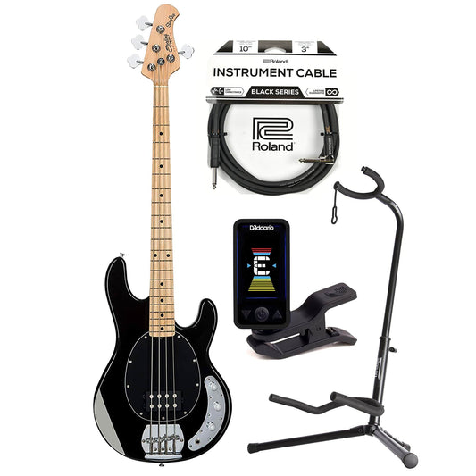 Sterling by Music Man S.U.B. Series StingRay Black w/Guitar Stand, Tuner and 10' Cable Bundle - MUSICTONER