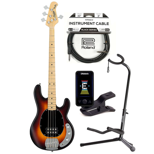 Sterling by Music Man S.U.B. Series StingRay Vintage Sunburst Satin w/Guitar Stand, Tuner and 10' Cable Bundle - MUSICTONER