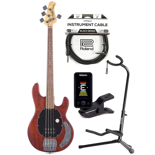 Sterling by Music Man S.U.B. Series StingRay Walnut Satin w/Guitar Stand, Tuner and 10' Cable Bundle - MUSICTONER