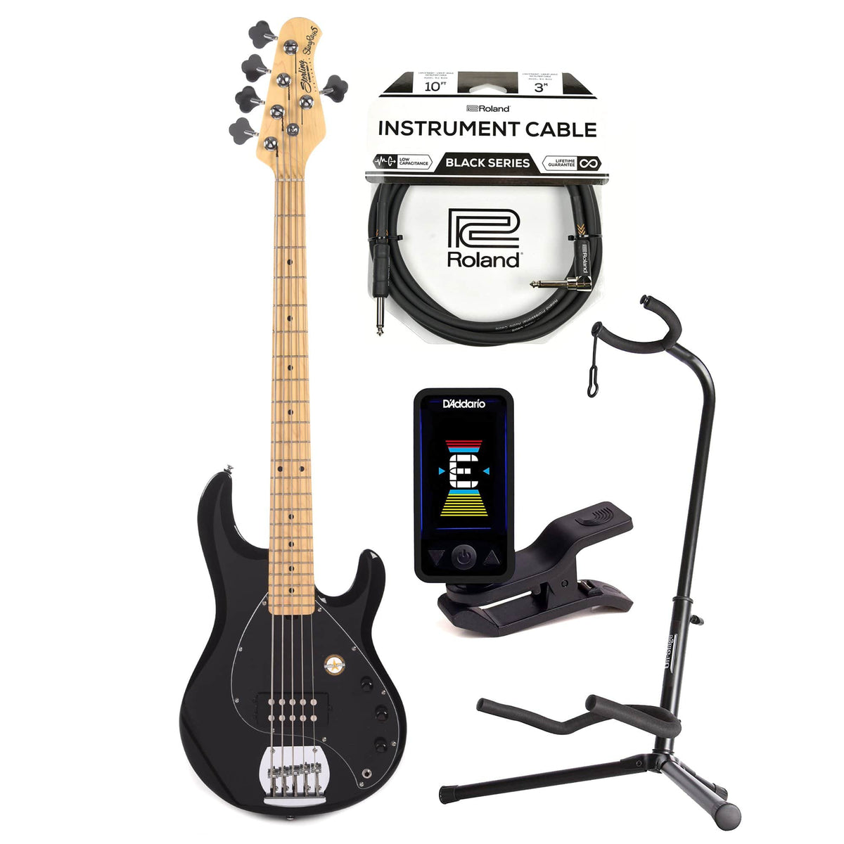 Sterling by Music Man S.U.B. Series StingRay5 5-String Black w/Guitar Stand, Tuner and 10' Cable Bundle - MUSICTONER