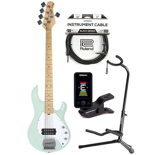Sterling by Music Man S.U.B. Series StingRay5 5-String Mint Green w/Guitar Stand, Tuner and 10' Cable Bundle - MUSICTONER