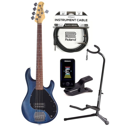 Sterling by Music Man S.U.B. Series StingRay5 5-String Trans Blue Satin w/Guitar Stand, Tuner and 10' Cable Bundle…
