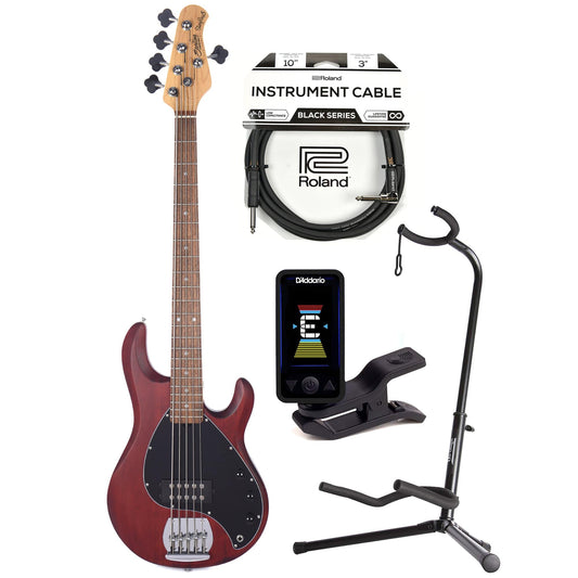 Sterling by Music Man S.U.B. Series StingRay5 5-String Walnut Satin w/Guitar Stand, Tuner and 10' Cable Bundle - MUSICTONER