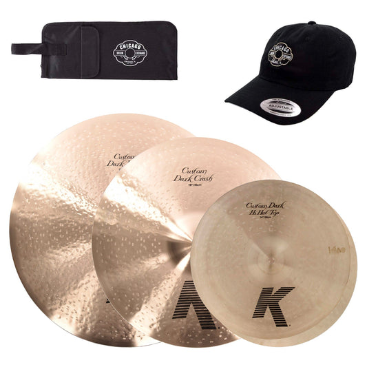 Zildjian 14/18/22" K Custom Dark Cymbal Set w/CDE Logo Hat & Stick Bag - MUSICTONER