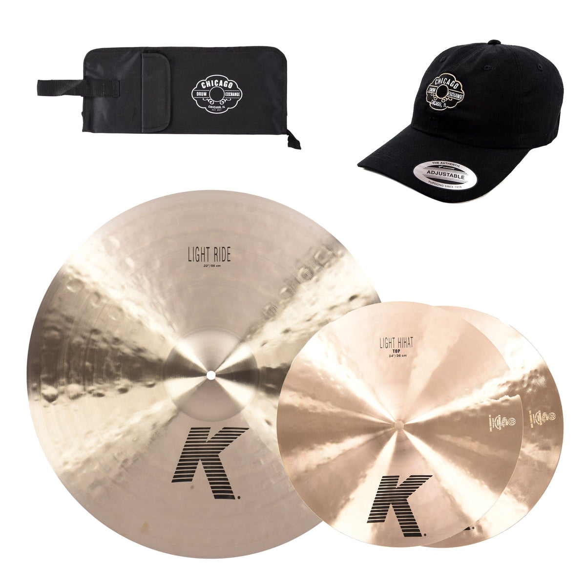 Zildjian 14/22" K Light Hi-Hat & Ride Cymbal Set w/CDE Logo Hat & Stick Bag - MUSICTONER
